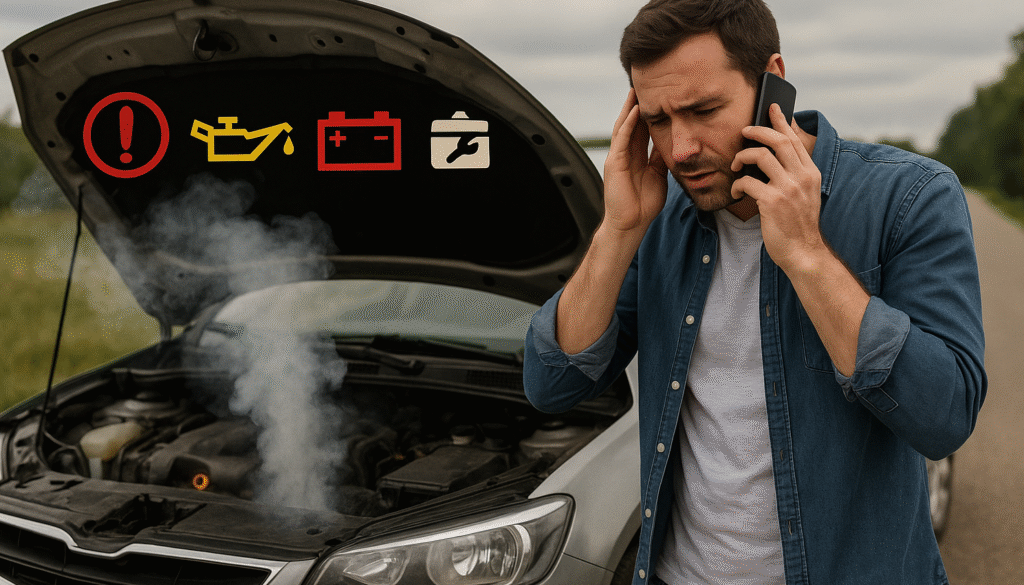 Man standing beside broken-down car with smoking engine and dashboard warning icons