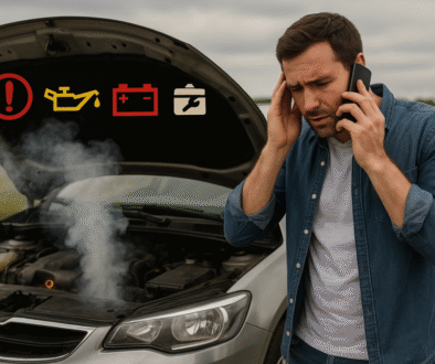 Man standing beside broken-down car with smoking engine and dashboard warning icons