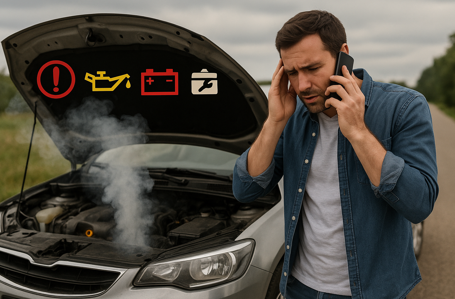 Man standing beside broken-down car with smoking engine and dashboard warning icons