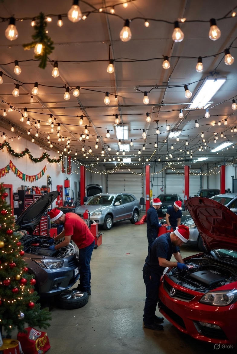 A technician at Homerton Car Repairs in Hackney performing a winter health check on a car's battery and tyres before Christmas.