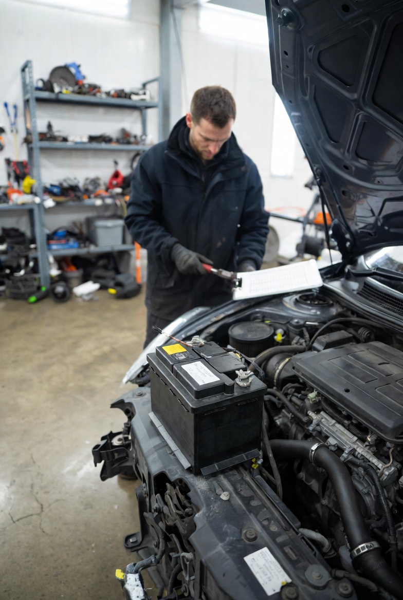 Mechanic checking car battery during winter maintenance in Homerton garage, essential for Hackney drivers in cold weather