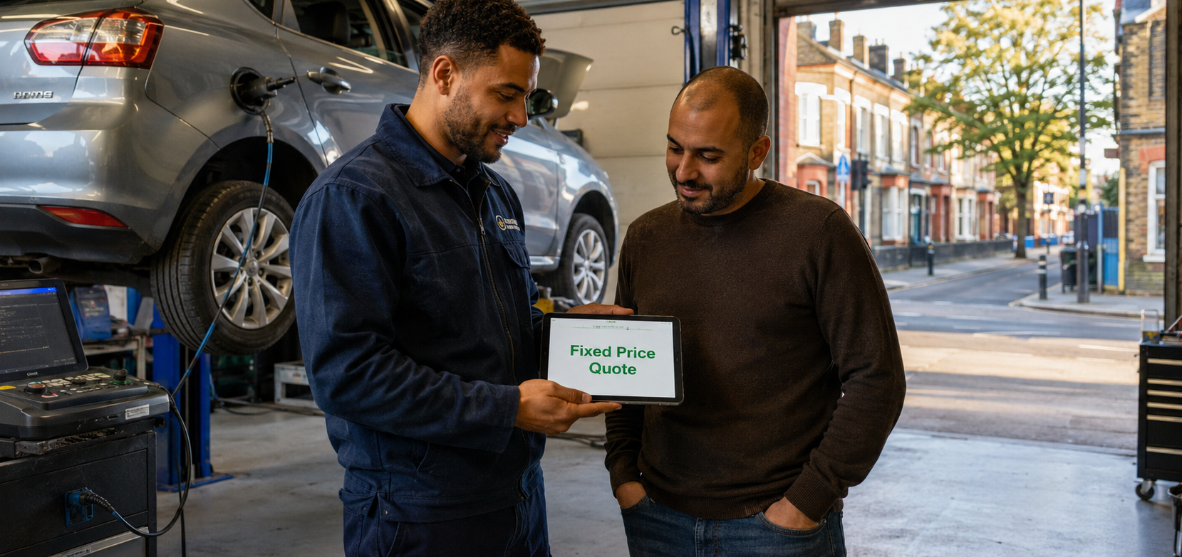 Professional mechanic at Homerton Car Repairs workshop in Hackney E9 explaining a clear, itemised quote to a relaxed customer, with a vehicle on a lift and modern diagnostic equipment visible.